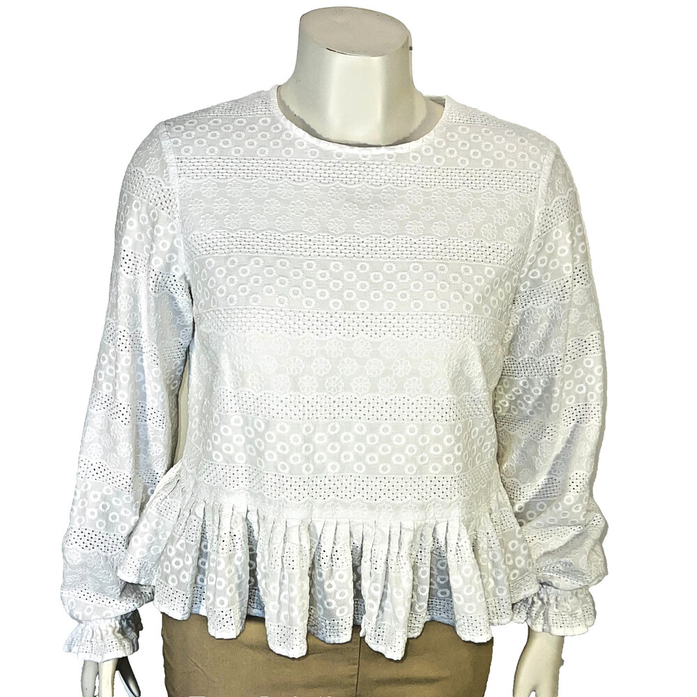 Nine West Blouse Top Womens L White Crochet Lace Babydoll Boat Neck Long Sleeve